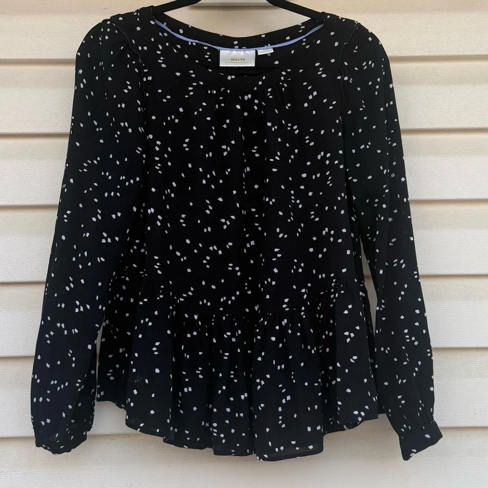Maeve By Anthropologie Black White Abstract Dot Peplum Long Sleeved Blouse Small